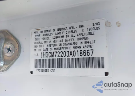 2003 Honda Accord 2.4 Lx from USA, damaged, VIN 1HGCM72203A018667